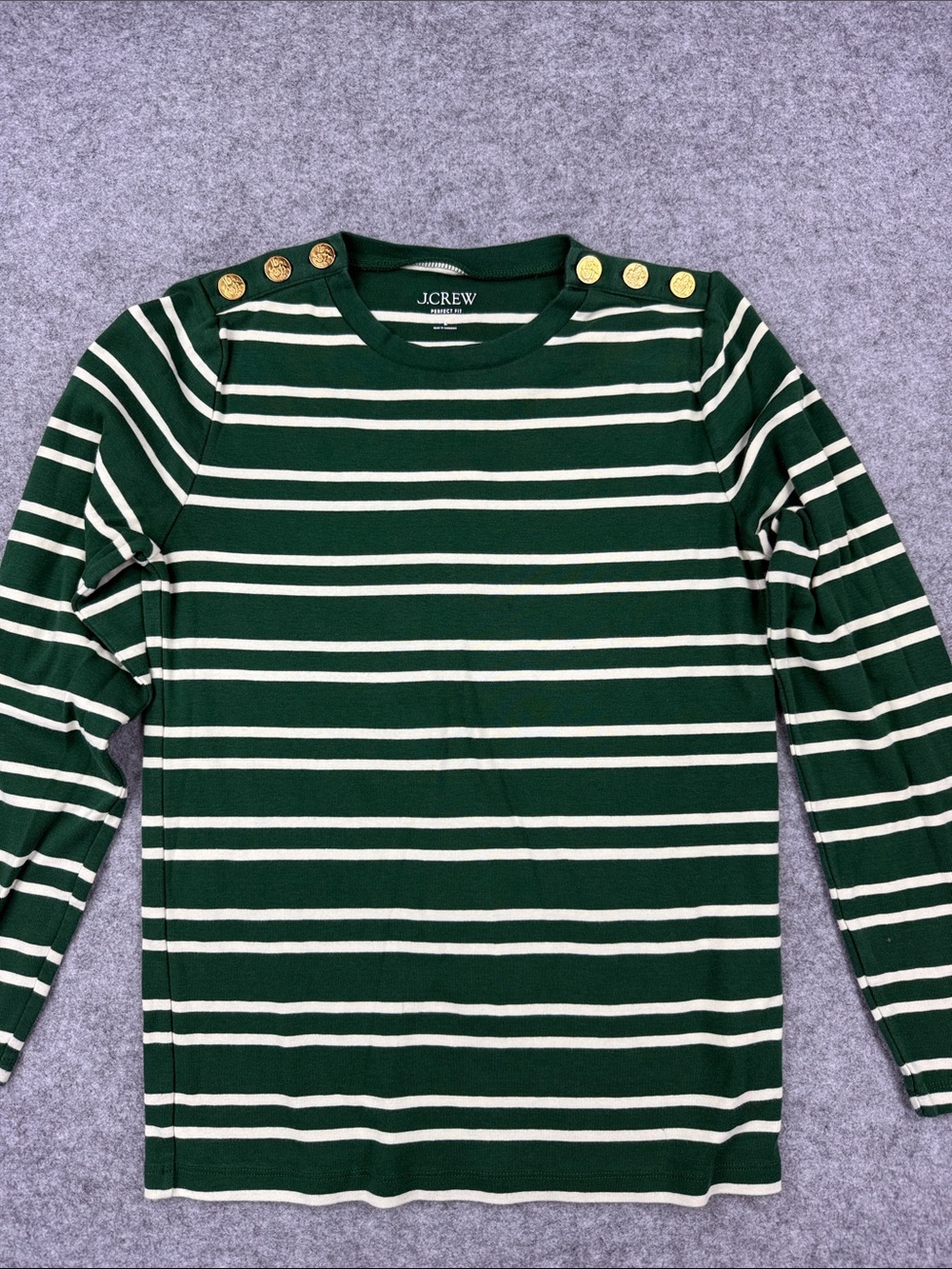 J. Crew Green and Cream Striped Long-Sleeve Sweater with Gold Buttons
